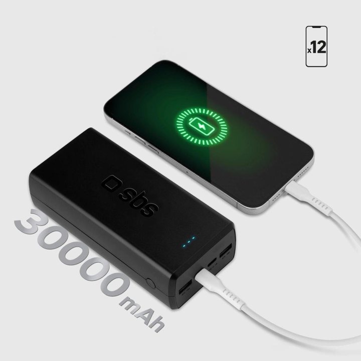 Greito įkrovimo maitinimo bankas: 20 000 mAh, 2 USB, juodos spalvos