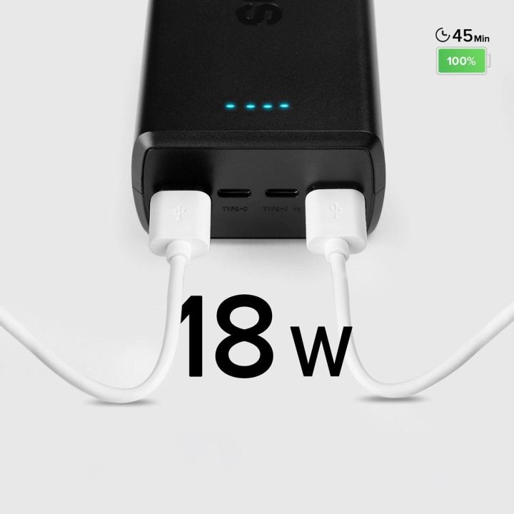 Greito įkrovimo maitinimo bankas: 20 000 mAh, 2 USB, juodos spalvos