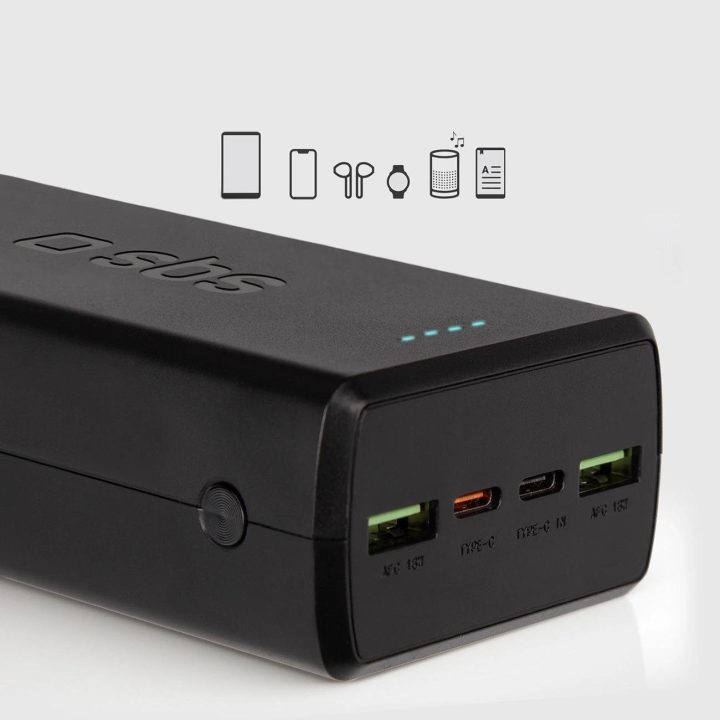 Greito įkrovimo maitinimo bankas: 20 000 mAh, 2 USB, juodos spalvos
