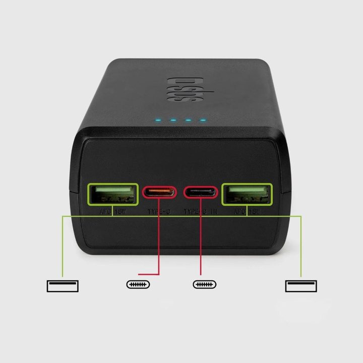 Greito įkrovimo maitinimo bankas: 20 000 mAh, 2 USB, juodos spalvos
