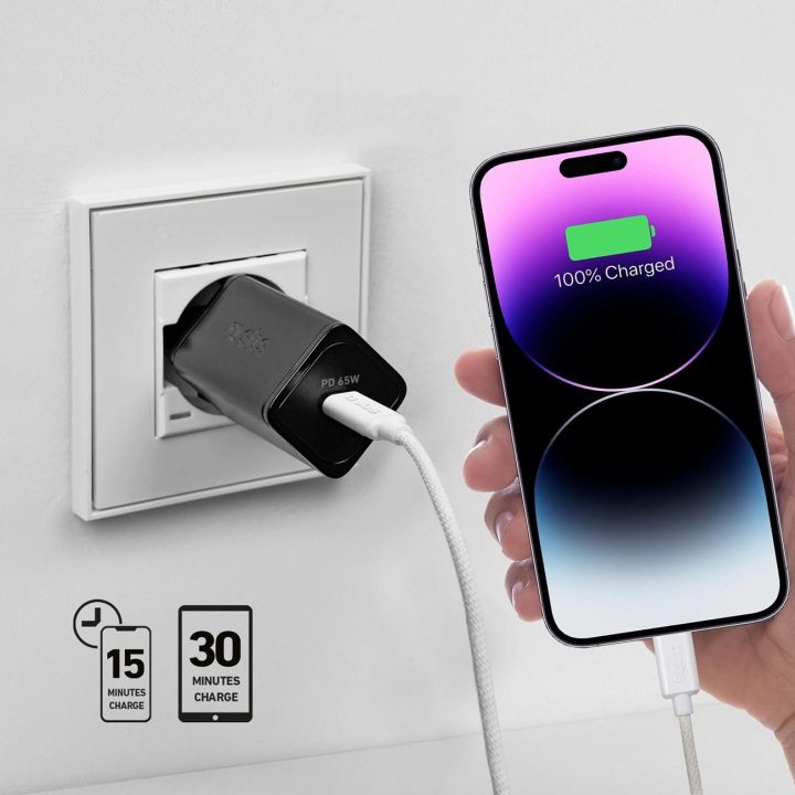 65 W GaN įkroviklis su Power Delivery“ technologija, juodos spalvos