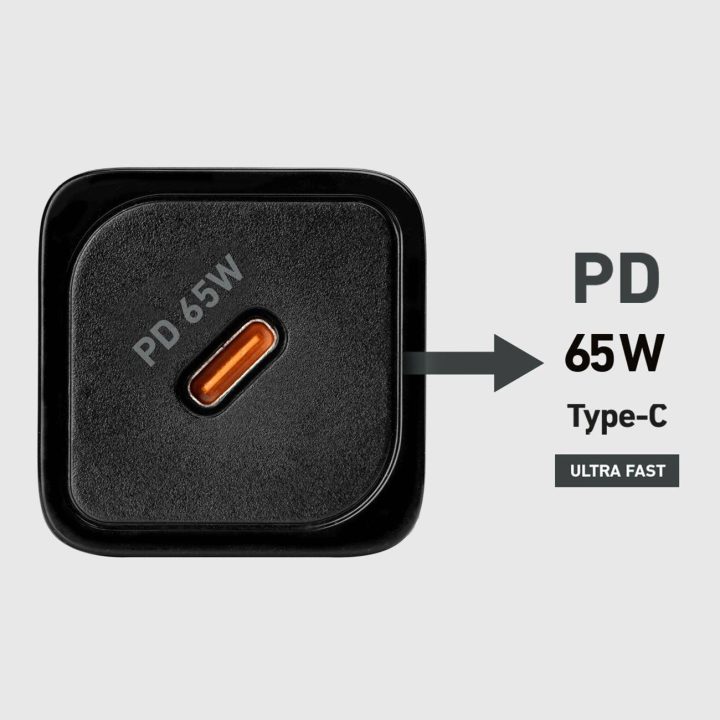 65 W GaN įkroviklis su Power Delivery“ technologija, juodos spalvos