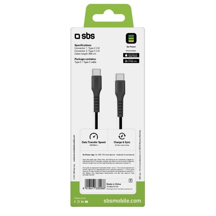 USB-C duomenų ir įkrovimo laidas 3 m