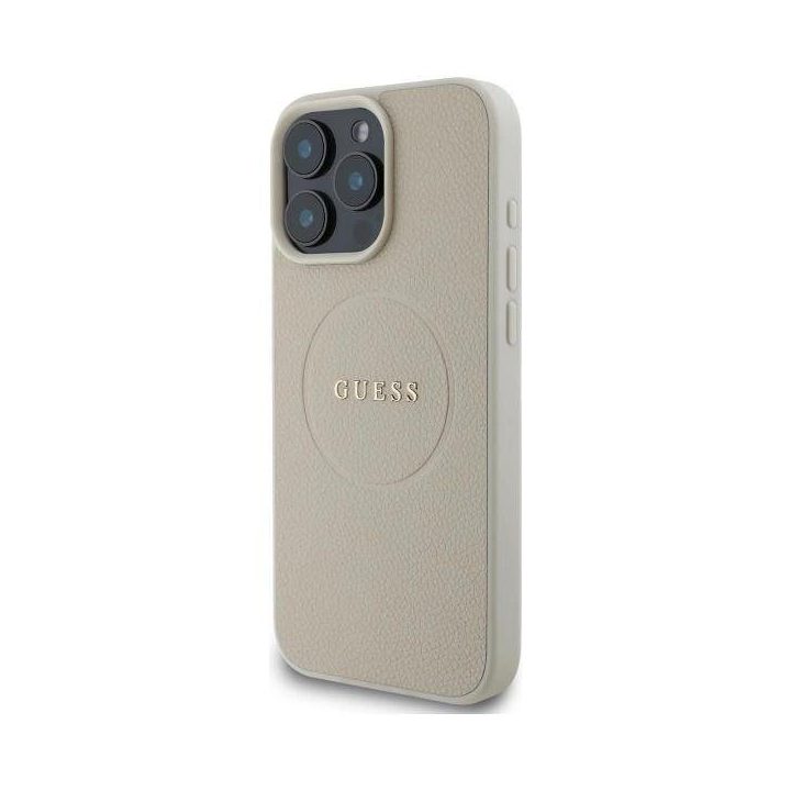 Guess Grained Gold Ring MagSafe dėklas iPhone 16 Pro Max“ – smėlio spalvos