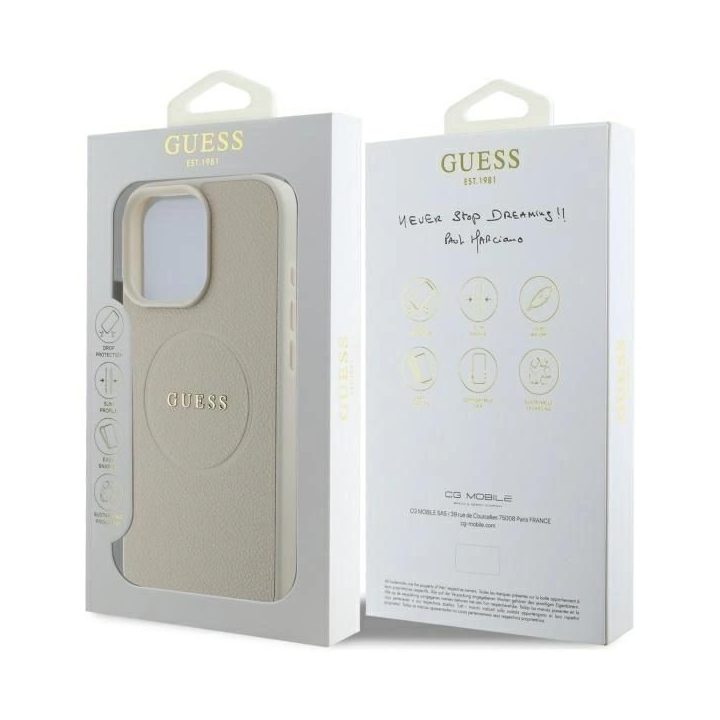Guess Grained Gold Ring MagSafe dėklas iPhone 16 Pro Max“ – smėlio spalvos