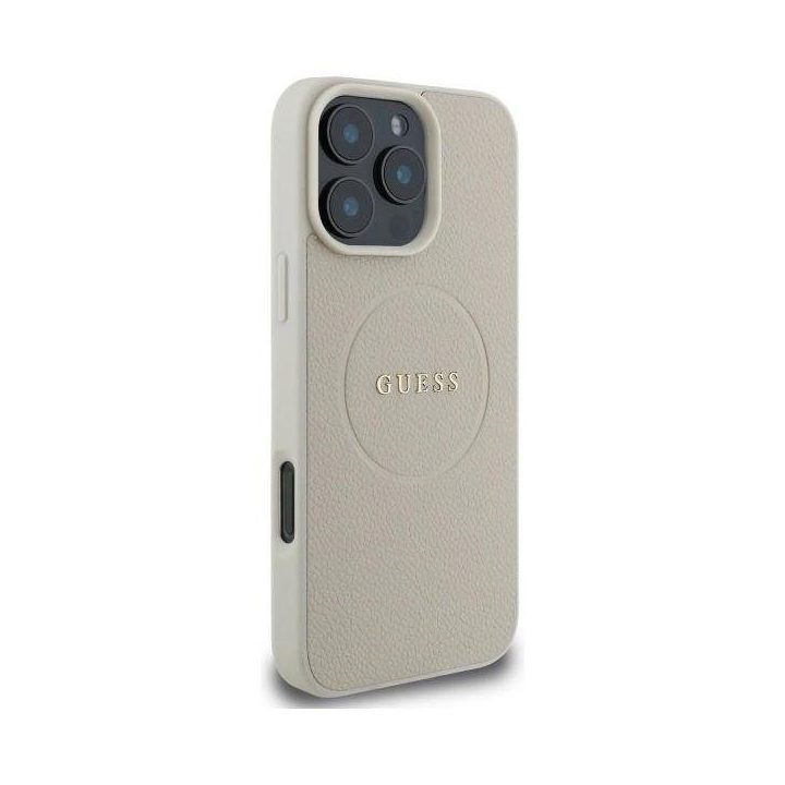 Guess Grained Gold Ring MagSafe dėklas iPhone 16 Pro Max“ – smėlio spalvos