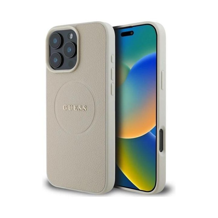 Guess Grained Gold Ring MagSafe dėklas iPhone 16 Pro Max“ – smėlio spalvos