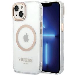 Guess Metal Outline“ MagSafe“ dėklas iPhone 15 Plus“ / 14 Plus“ – auksinis