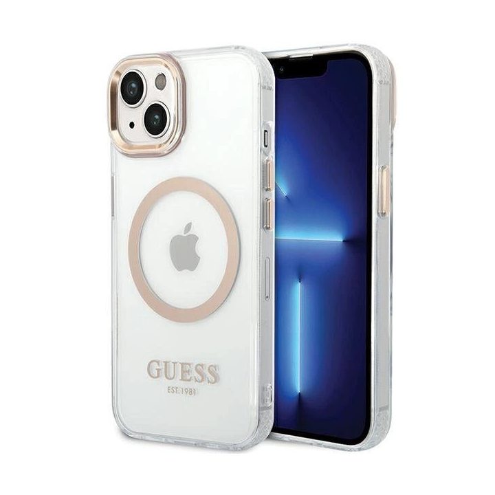 Guess Metal Outline“ MagSafe“ dėklas iPhone 15 Plus“ / 14 Plus“ – auksinis