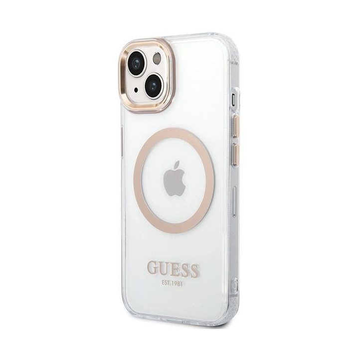 Guess Metal Outline“ MagSafe“ dėklas iPhone 15 Plus“ / 14 Plus“ – auksinis