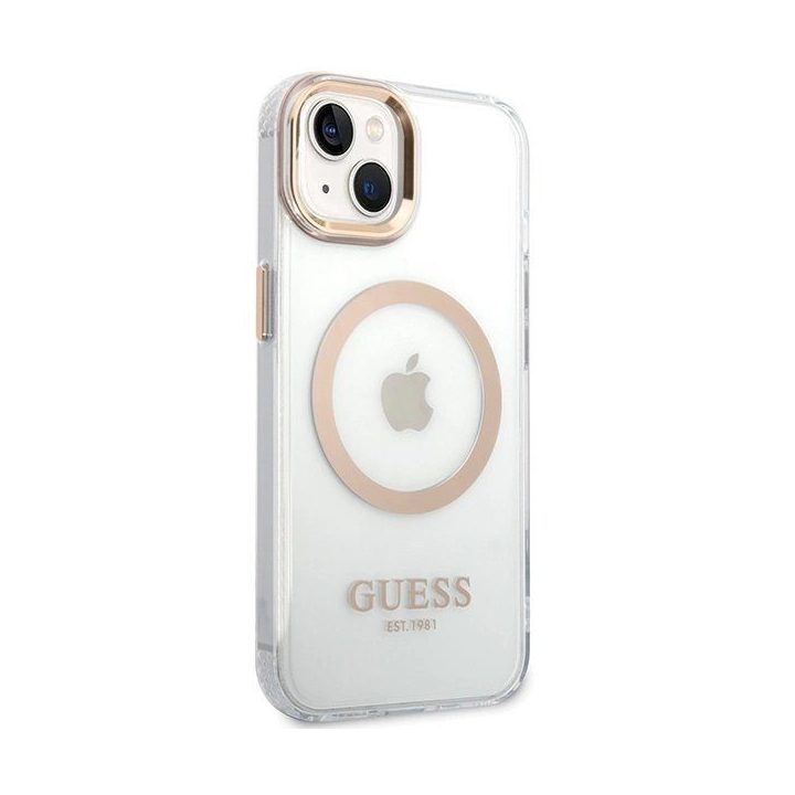 Guess Metal Outline“ MagSafe“ dėklas iPhone 15 Plus“ / 14 Plus“ – auksinis