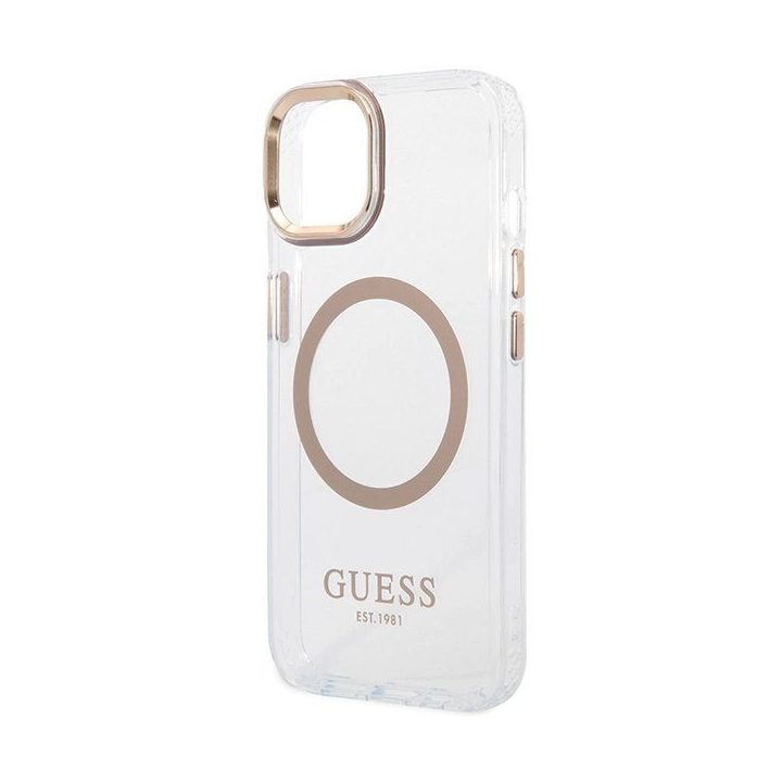 Guess Metal Outline“ MagSafe“ dėklas iPhone 15 Plus“ / 14 Plus“ – auksinis
