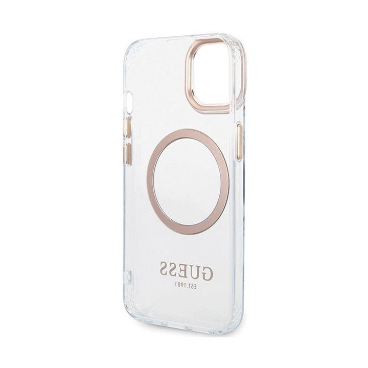 Guess Metal Outline“ MagSafe“ dėklas iPhone 15 Plus“ / 14 Plus“ – auksinis
