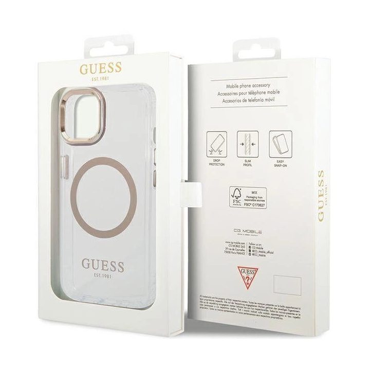 Guess Metal Outline“ MagSafe“ dėklas iPhone 15 Plus“ / 14 Plus“ – auksinis