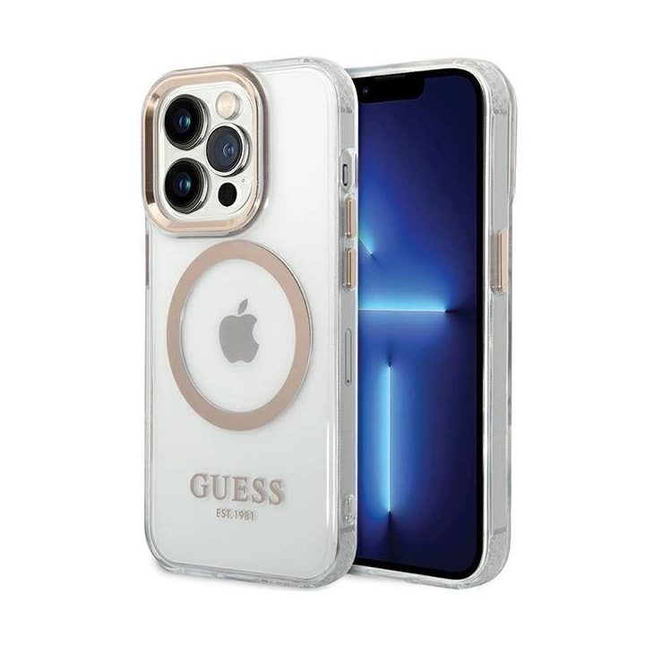 Guess Metal Outline Magsafe dėklas iPhone 15 / 14 / 13 - auksinis