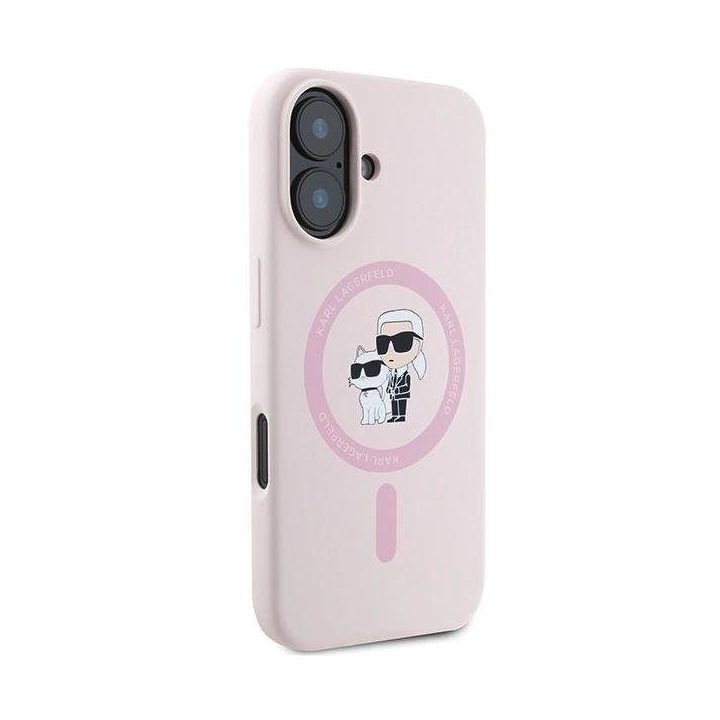 Karl Lagerfeld Silicone Karl&Choupette Heads“ dėklas su Ring MagSafe“ iPhone 16 Plus“ – rausvas