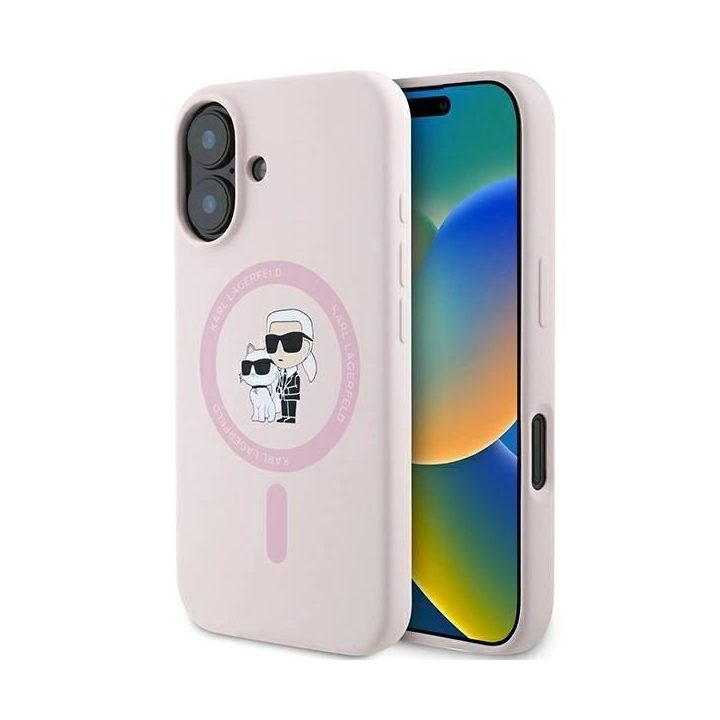 Karl Lagerfeld Silicone Karl&Choupette Heads“ dėklas su Ring MagSafe“ iPhone 16 Plus“ – rausvas