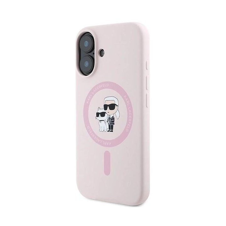 Karl Lagerfeld Silicone Karl&Choupette Heads“ dėklas su Ring MagSafe“ iPhone 16 Plus“ – rausvas
