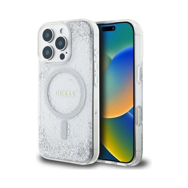Guess Resin Gradient Glitter MagSafe“ dėklas iPhone 16 Pro“ – sidabrinis