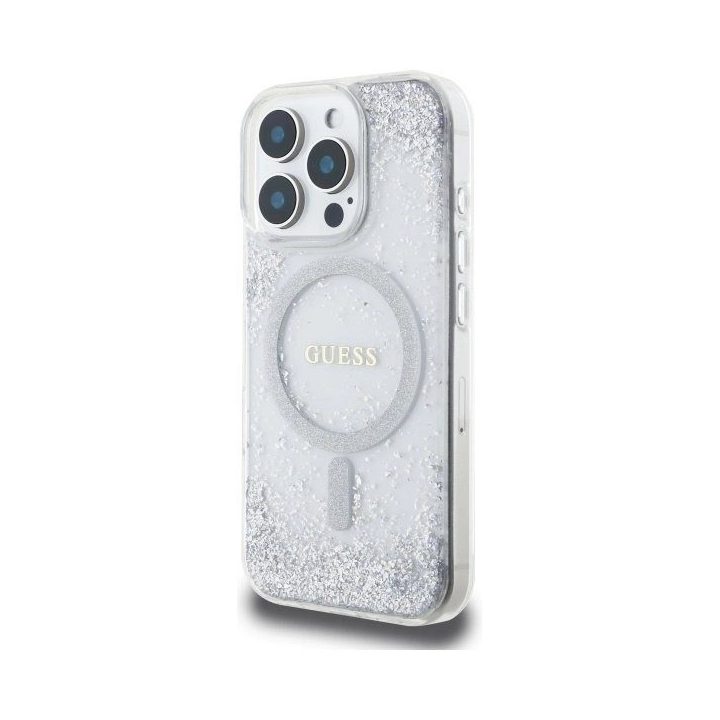 Guess Resin Gradient Glitter MagSafe“ dėklas iPhone 16 Pro“ – sidabrinis