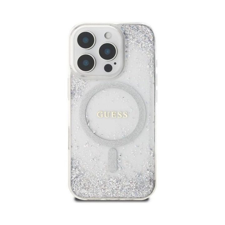 Guess Resin Gradient Glitter MagSafe“ dėklas iPhone 16 Pro“ – sidabrinis