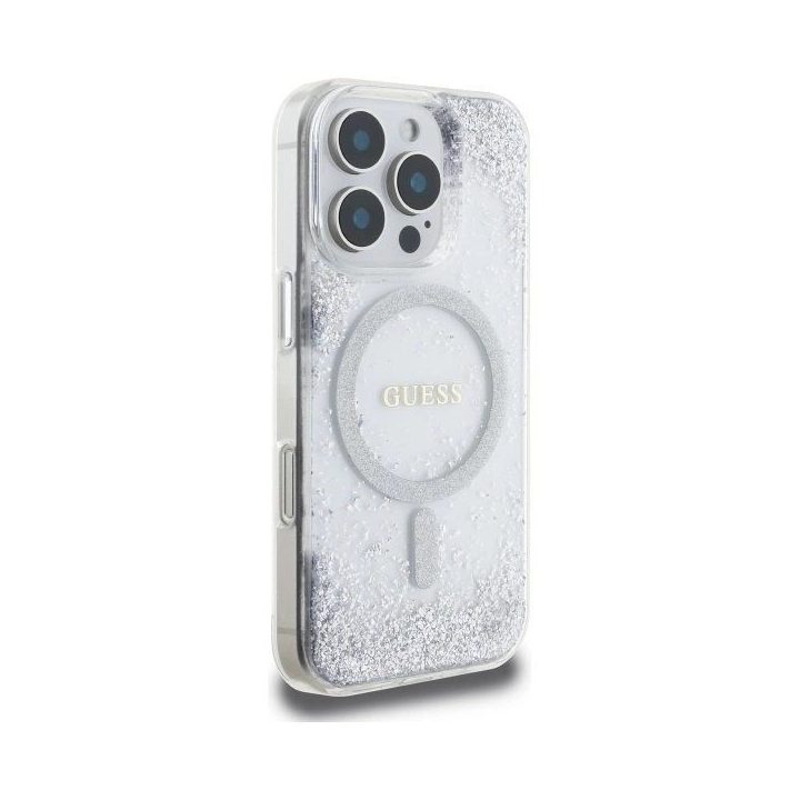 Guess Resin Gradient Glitter MagSafe“ dėklas iPhone 16 Pro“ – sidabrinis