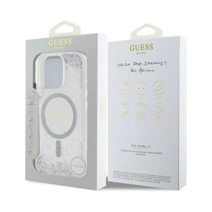 Guess Resin Gradient Glitter MagSafe“ dėklas iPhone 16 Pro“ – sidabrinis