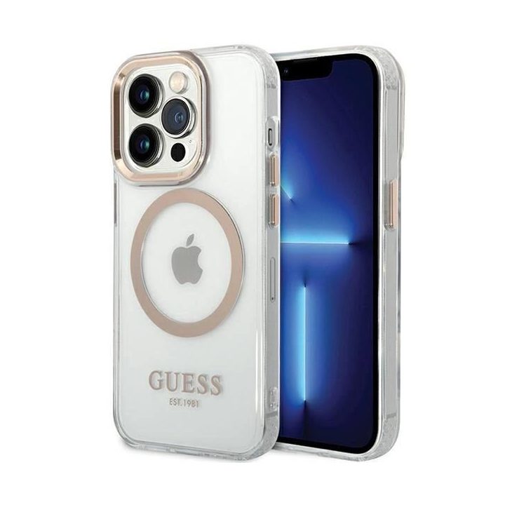 Guess Metal Outline Magsafe dėklas iPhone 15 Pro Max telefonui - auksinis