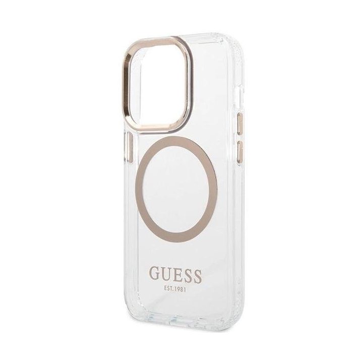 Guess Metal Outline Magsafe dėklas iPhone 15 Pro Max telefonui - auksinis