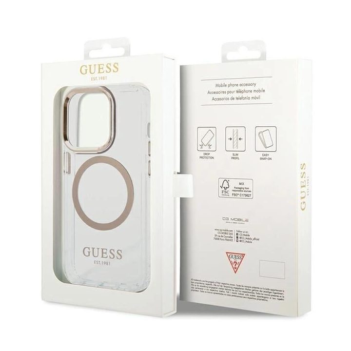 Guess Metal Outline Magsafe dėklas iPhone 15 Pro Max telefonui - auksinis
