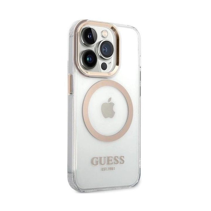 Guess Metal Outline Magsafe dėklas iPhone 15 Pro Max telefonui - auksinis
