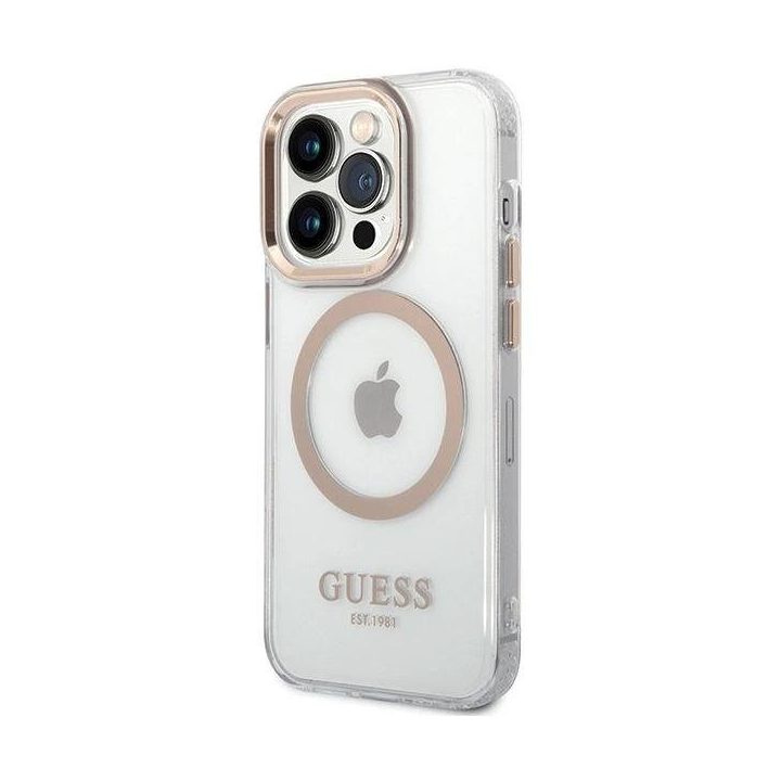 Guess Metal Outline Magsafe dėklas iPhone 15 Pro Max telefonui - auksinis