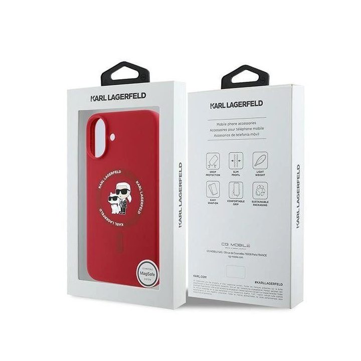 Karl Lagerfeld Silicone Karl&Choupette Heads Ring MagSafe dėklas iPhone 16 Plus - raudonas