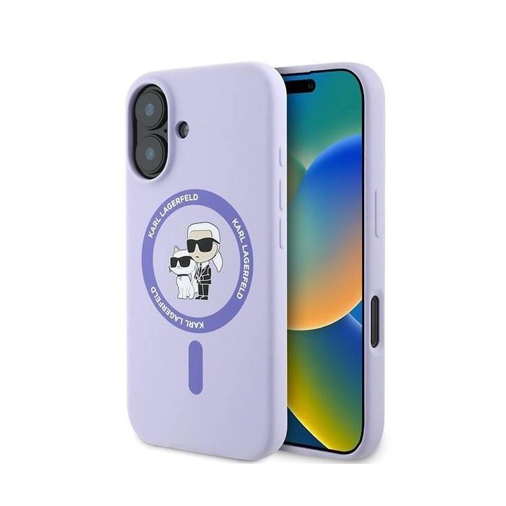 Karl Lagerfeld Silicone Karl&Choupette Heads Ring MagSafe dėklas iPhone 16 Plus telefonui – violetinis