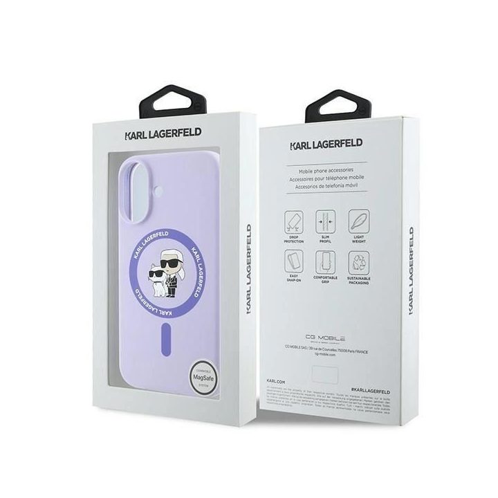 Karl Lagerfeld Silicone Karl&Choupette Heads Ring MagSafe dėklas iPhone 16 Plus telefonui – violetinis