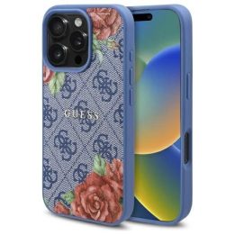 Guess 4G Flowers Print MagSafe dėklas iPhone 16 Pro telefonui – mėlynas