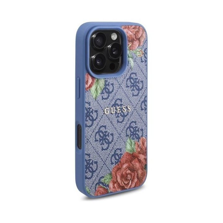 Guess 4G Flowers Print MagSafe dėklas iPhone 16 Pro telefonui – mėlynas