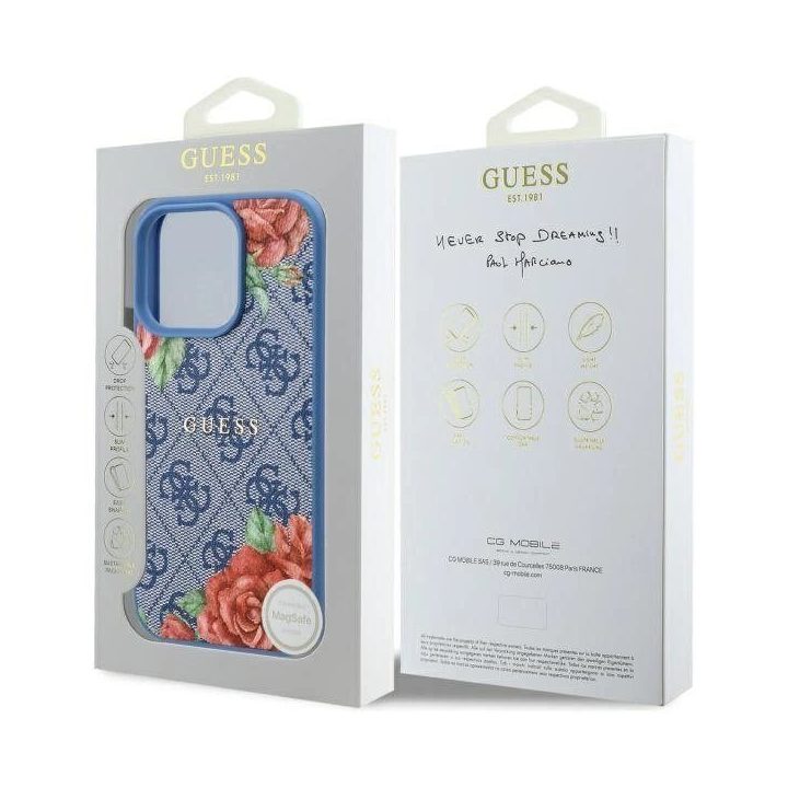 Guess 4G Flowers Print MagSafe dėklas iPhone 16 Pro telefonui – mėlynas