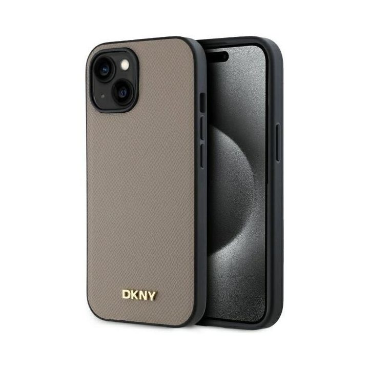 DKNY Grained Metal Logo MagSafe dėklas iPhone 15 – smėlio spalvos
