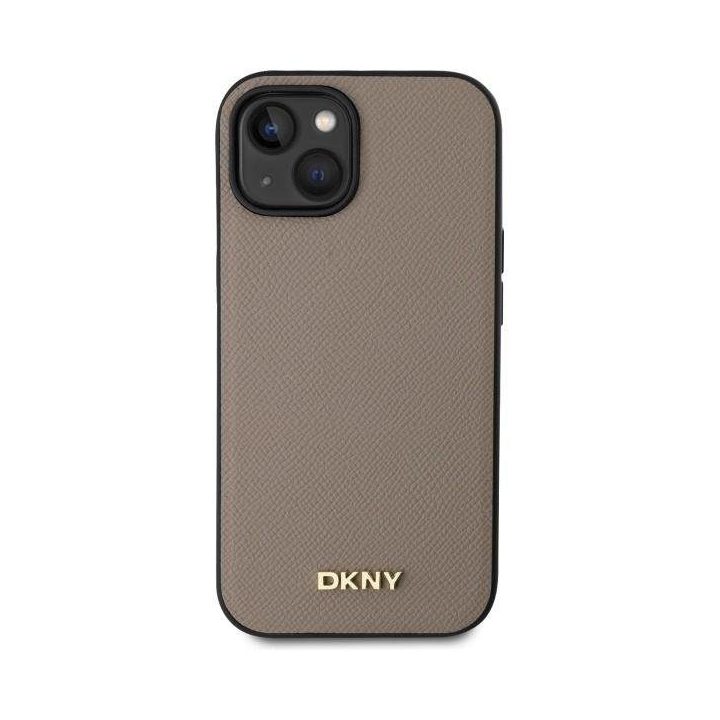 DKNY Grained Metal Logo MagSafe dėklas iPhone 15 – smėlio spalvos