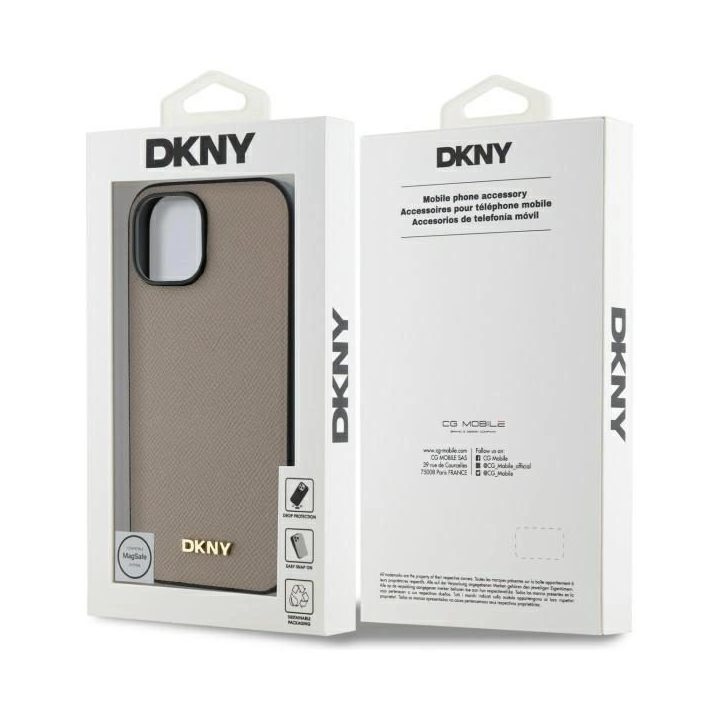 DKNY Grained Metal Logo MagSafe dėklas iPhone 15 – smėlio spalvos
