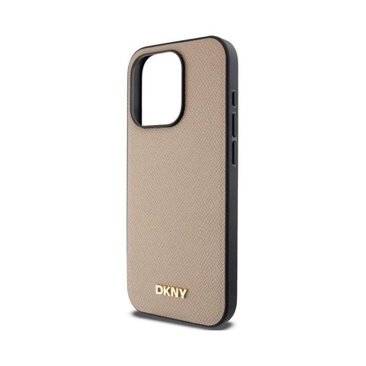 DKNY Grūdinto Metalinio Logo MagSafe Dėklas iPhone 15 Pro Max – smėlinis
