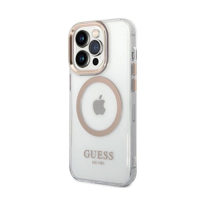 Guess Metal Outline MagSafe dėklas iPhone 15 Pro – aukso spalvos