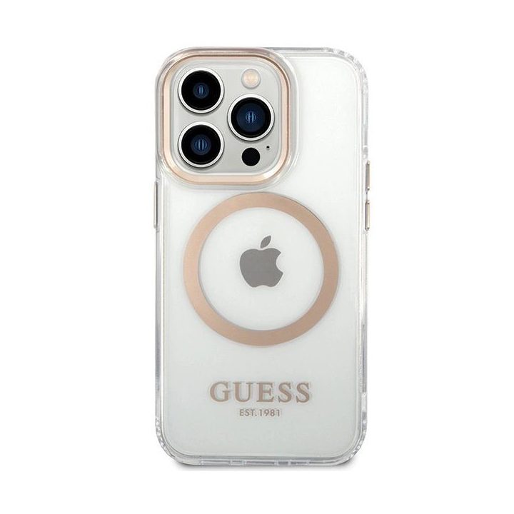 Guess Metal Outline MagSafe dėklas iPhone 15 Pro – aukso spalvos