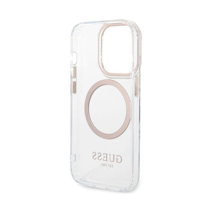 Guess Metal Outline MagSafe dėklas iPhone 15 Pro – aukso spalvos