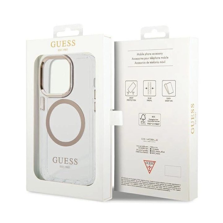 Guess Metal Outline MagSafe dėklas iPhone 15 Pro – aukso spalvos