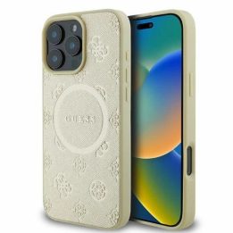 Guess“ odinis Saffiano Peony Classic“ logotipas MagSafe“ skirtas iPhone 16 Pro“ – auksinis