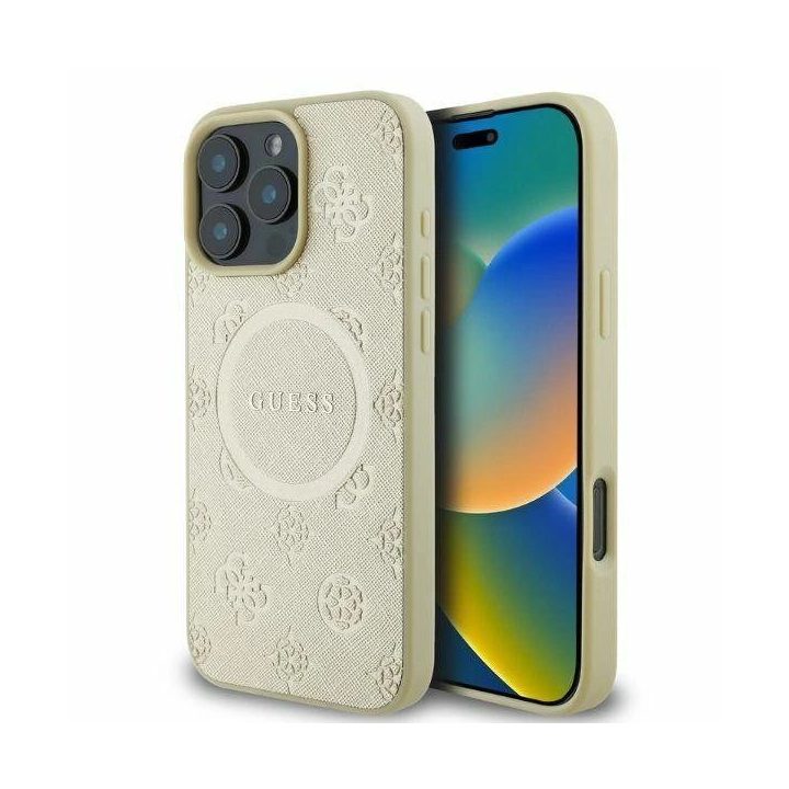 Guess“ odinis Saffiano Peony Classic“ logotipas MagSafe“ skirtas iPhone 16 Pro“ – auksinis