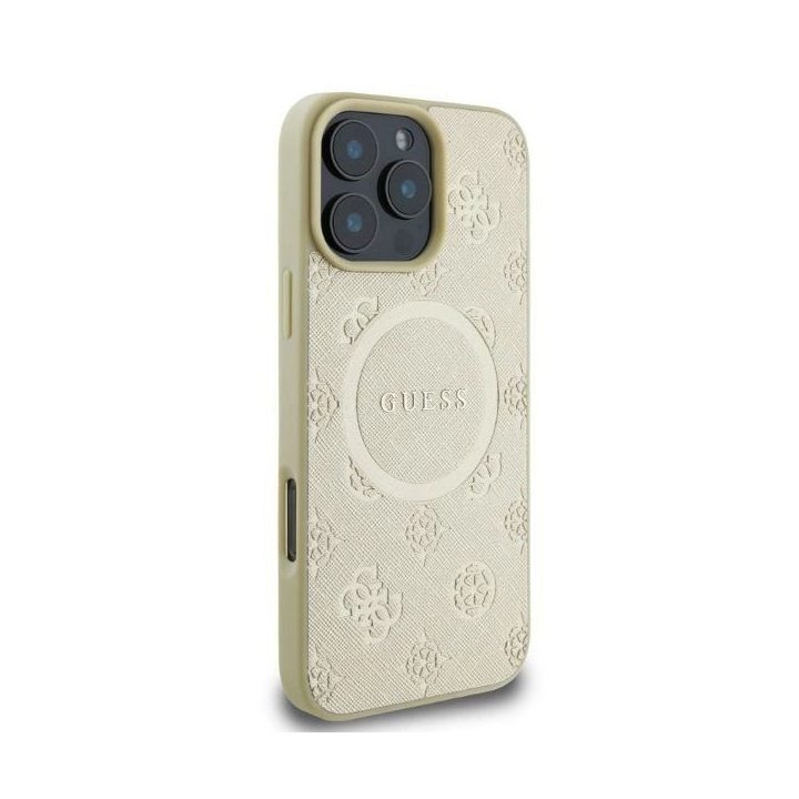 Guess“ odinis Saffiano Peony Classic“ logotipas MagSafe“ skirtas iPhone 16 Pro“ – auksinis