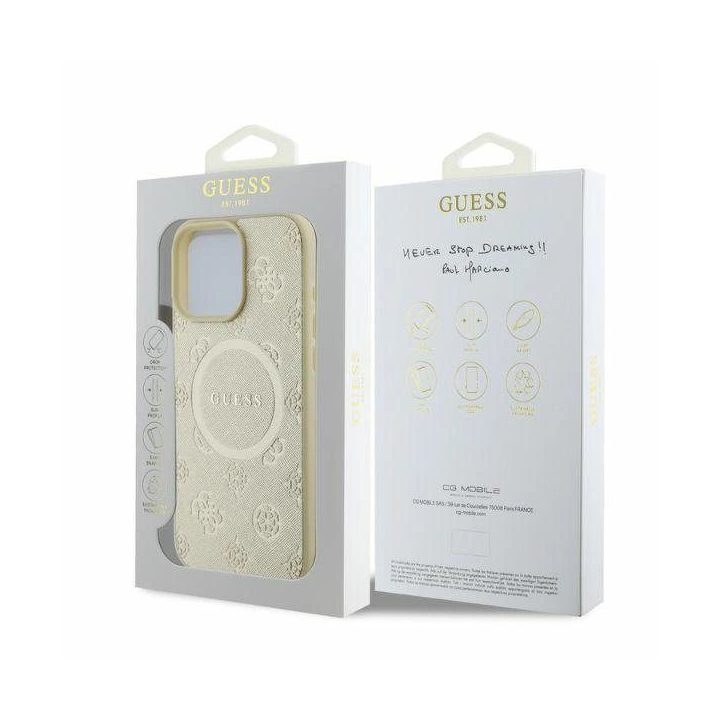 Guess“ odinis Saffiano Peony Classic“ logotipas MagSafe“ skirtas iPhone 16 Pro“ – auksinis